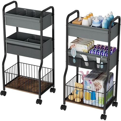 NEYCIL 3-tier Baby Diaper Caddy Organizer and Storage Cart with 4+3 Dividers, Metal Utility Cart with Lockable Wheels for Nursery, Bedroom, Bathroom, Black