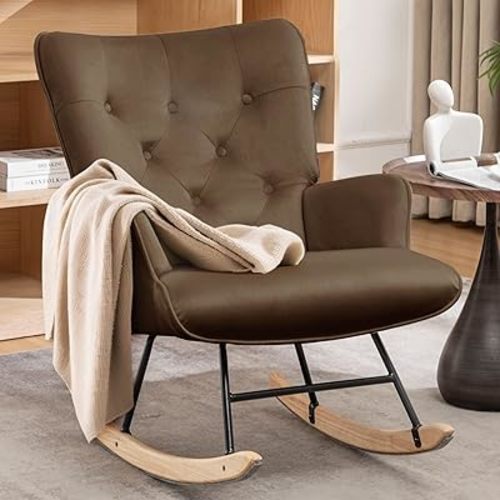 YSICK Rocking Chair for Nursery, Velvet Fabric Glider Rocker, Comfy Reading Chair with Support Seating and Side Pockets, Recliner Rocking Chair for Living Room, Brown