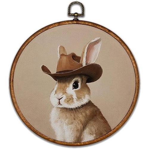 BCUANGD Western Trendy Round Wall Art Decor - Retro Rabbit Neutral Wall Art Canvas Frame Artwork Prints, Rustic Vintage Country Round Wall Hanging Decorations for Home Farmhouse Bedroom, 10"x10"