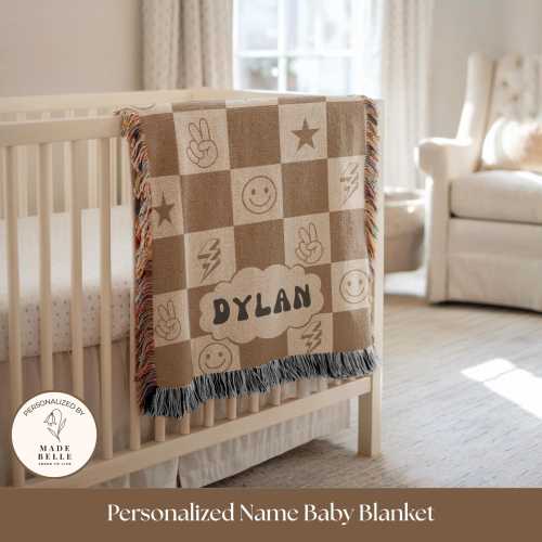Personalized Baby Name Blanket, Checkered Nursery Decor, Boho Skater Boys Room, Groovy Custom Baby Shower Gift, Rad Little Dude Woven Throw