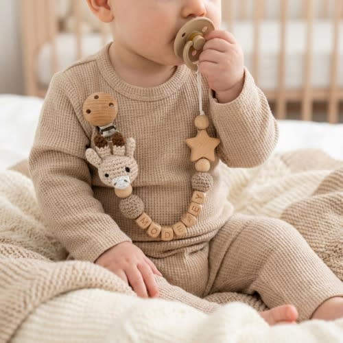 Personalized Crochet Animal Pacifier Clip with Name, Wooden Boho Dummy Clip, Neutral Baby Pacifier Holder, Newborn Baby Gift