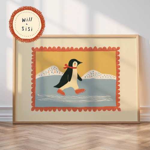 Ice Skating Penguin Nursery Print Winter Animal Wall Art Printed Shipped Kid Room Decor Playroom Artwork Arctic Penguin Poster For Kids | 66