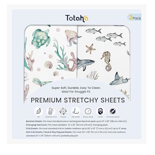 TotAha Premium Soft Bassinet Sheet for Boy Girl, Super Stretchy Jersey Knit Bassinet Fitted Sheet, Compatible with Halo, Maxi COSI, Mika Micky, SNOO, and Other Bassinet, 2 Pack (Sea Animal)
