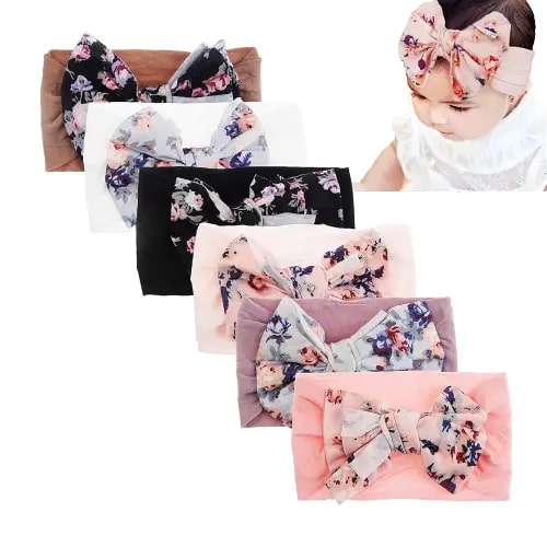 6 Pack Cute Toddler Baby Girls Elastic Soft Nylon Headwraps Infant Knot Bow Headband Turban (Pink Set-6pcs)