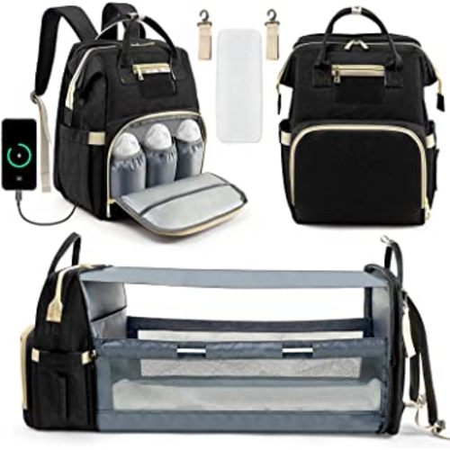 Kompoll Diaper Bag Backpack, Multifunction Waterproof Large Travel Baby Changing Bags Back Pack for Dad/Mom, Stuff Organizer Backpack with Station, Registry Search (Black)