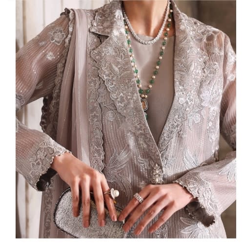 Taupe sequin embroidered jacket set
