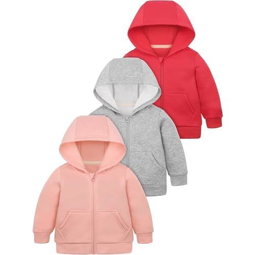 Cooraby 3 Pieces Baby and Toddler Girls Fleece Full-Zip Hoodies Lightweight Jacket with Pockets Winter Coat for Baby Girls