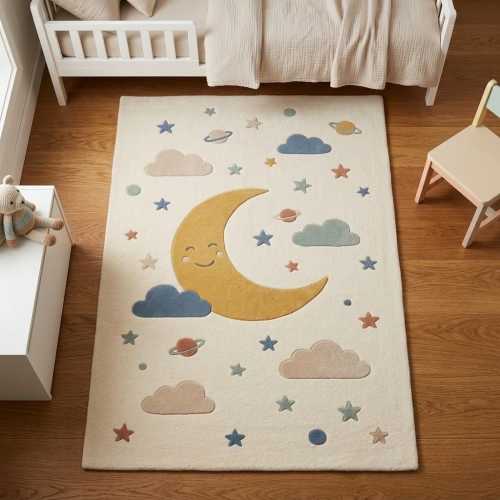 Moon and Stars Tufted Rug, Celestial Nursery Decor, Whimsical Kids Room, Space Theme, Handmade- 4x6