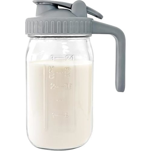 Breast Milk Pitcher - 32 oz Glass Mason Jar with Dual Leak-Proof Design, Airtight Seal, Pour Spout & Handle, Storage Container for Breastmilk, Iced Tea & Ice Drinks(Gray)
