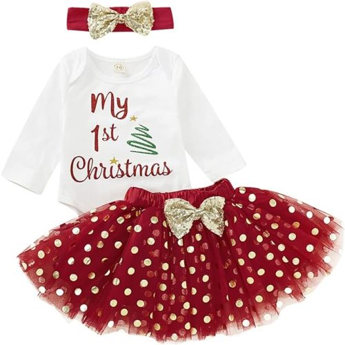 My 1st Christmas Outfit Newborn Baby Girl Xmas Clothes First Long Sleeve Romper Onesie Skirt Dress Sets