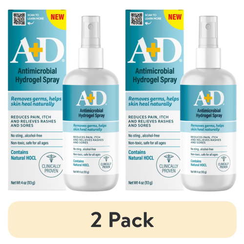 (2 pack) A+D Antimicrobial Hydrogel Spray with Hypochlorous Acid - Removes Germs, Helps Heal Rashes & Irritations, Reduces Itch & Pain, Alcohol-Free, Non-Sting Formula, Safe for All Ages, 4oz