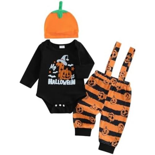 BemeyourBBs My First Halloween Baby Boy Outfit Long Sleeve Pumpkin Romper Pants Set with Beanie Hat Newborn Boy Fall Clothes