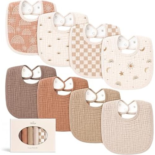 Konssy 8-Pack Muslin Baby Bibs, Adjustable Fit for Drooling and Teething