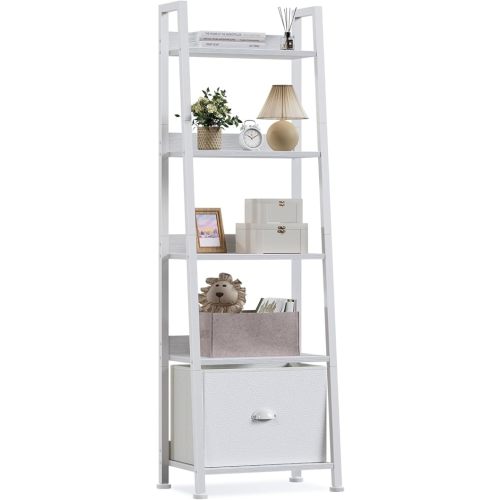 Furologee 5-Tier White Ladder Shelf, Ladder Bookshelf with Removable Drawer, Mordern Bookcase Storage Rack Organizer, Wood Metal Freestanding Storage Shelves for Living Room, Home Office, Bedroom