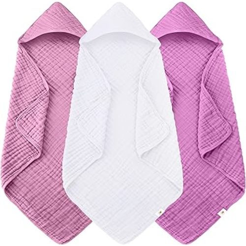 Sunny zzzZZ Muslin Hooded Baby Bath Towels - 3 Pack 100% Cotton Soft Low-Saturation Pastel Towels Including Classic White for Newborns, Infants, Toddlers - 32x32 Inch - Deep Sakura and White