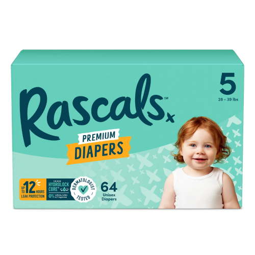 Free Shipping! Rascals Baby Diapers Size 5 64 Count Ultra-Absorbent Leak Protection Hypoallergenic