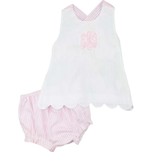 Pink And White Seersucker Scalloped Diaper Set