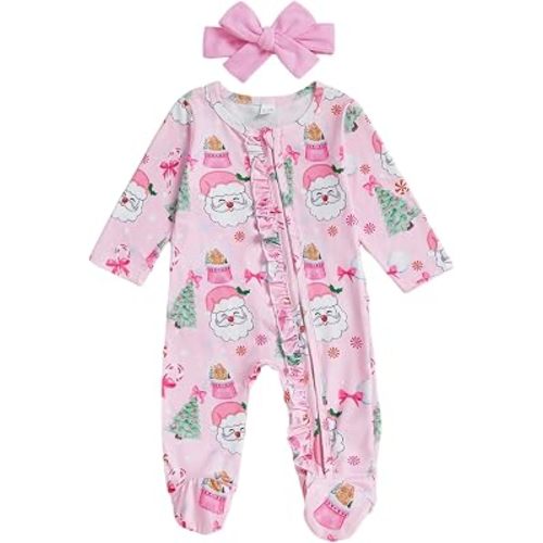 Amazon.com: Kuriozud Newborn Christmas Outfit Baby Girl Santa Footie Romper Sleeper with Headband Cute Infant Clothes (Christmas Tree Bow Pink, 3-6 Months): Clothing, Shoes & Jewelry