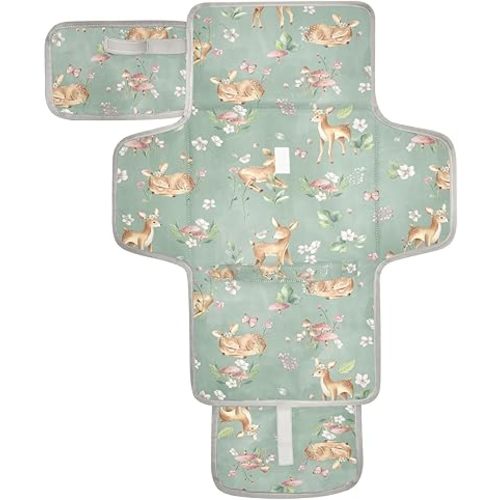 Deer Portable Diaper Changing Pad with Wipes Holder, Woodland Fawn Foldable Baby Diaper Changer Travel Bag Forest Animals Baby Changing Mat with Built-in Pillow for Newborn