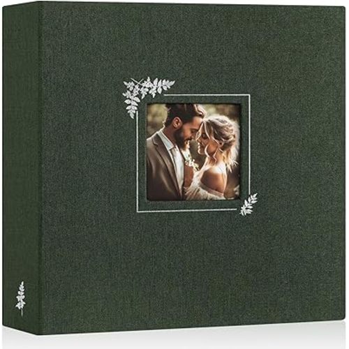 Lanpn Scrapbook Photo Album 12x12, Linen Window Design Cover Top Load 3 Ring Folder Binder Photobook Photo Book 12 x 12 inch with 30 Plastic Sleeves 60 Pages Green