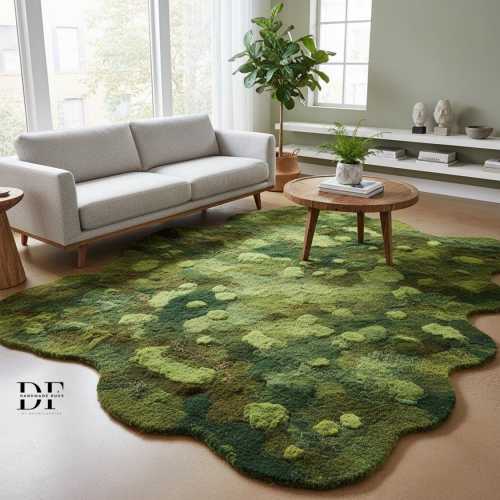 Moss Rug Tufted Green Shag Carpet | 3D Nature Area Rug Handmade Plush Botanical Floor Art | Custom Eco Friendly Living Room Decor