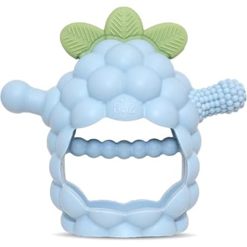 RaZbaby RaZberry Grip Silicone Teether Toy for 3M+ | Drop Resistant Hand Held Teether for Babies and Infants - Designed by Nature with Our Patented BerryBumps Multitextured Design | 3M+, Blue