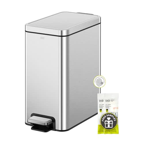 EKO Small Bathroom Trash Can with Lid Soft Close, Step Pedal, 10 Liter / 2.6 Gallon Stainless Steel Garbage Can with Removable Inner Bucket, Anti-Fingerprint Finish (Silver)