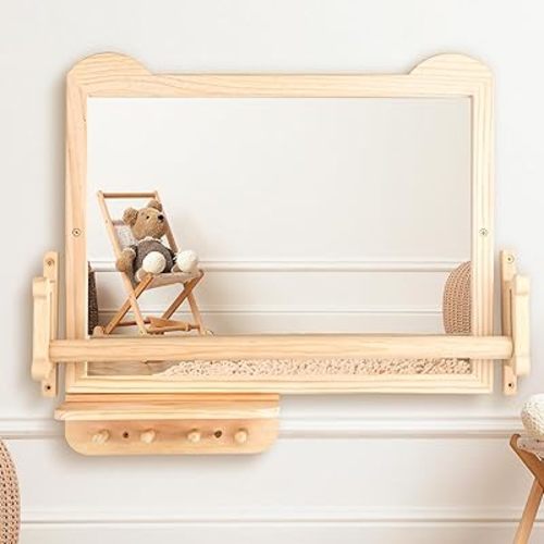 Montessori Mirror with Bar – Natural Wooden Frame Baby Pull Up Bar Mirror, Adjustable Height, Safe Wall-Mounted Mirror for Infant Standing and Coordination, with Storage Shelf