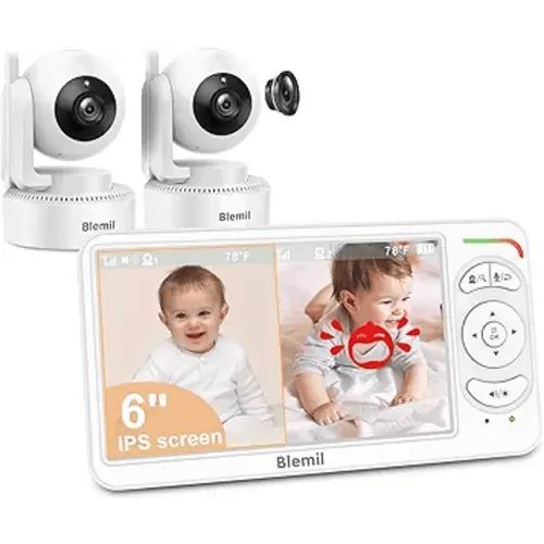 Blemil 6" Baby Monitor with 2 Cameras 4000mAh Battery Upgrade Split Screen Video Baby Monitor No WiFi Remote Pan-Tilt-Zoom Auto-Night Vision 150 Languages ECO Mode 2-Way Talk 1000FT (Ideal Condition)