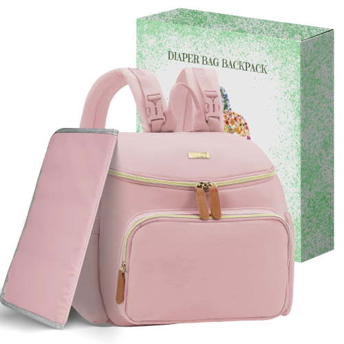 DERSTUEWE Diaper Bag Backpack, Pink, Lightweight Travel Baby Bag