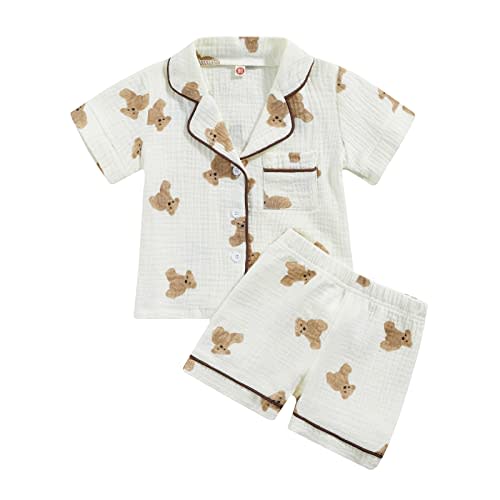 BULINGNA Kids Toddler Girl Boy Two Piece Pajamas Set Button Down Pajama Shirt Top Pants Shorts Bear Sleepwear Pjs Set