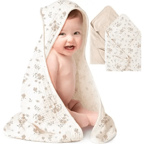 Konssy 2-Pack Muslin Hooded Baby Towels, 100% Cotton, Ultra-Soft & Absorbent Baby Bath Towels with Hood for Newborn & Infant (Cream, Blossom,30" x 30")