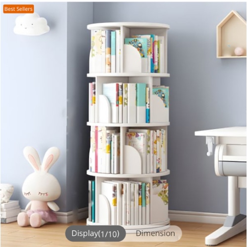 Round Rotatable Bookcase Wooden Open Storage Bookshelf for Home Office - White 40 x 40 x 128 cm