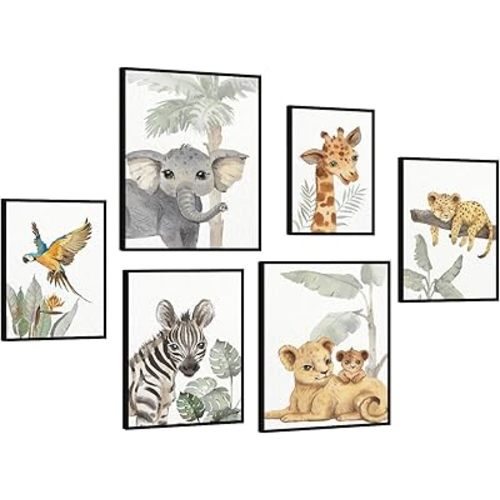 HLJ ART Safari Animal Nursery Wall Art: Woodland Nursery Wall Decor Set of 6, Baby Animals Pictures Jungle Wall Posters Hanging Framed Playroom Art Wall Decor