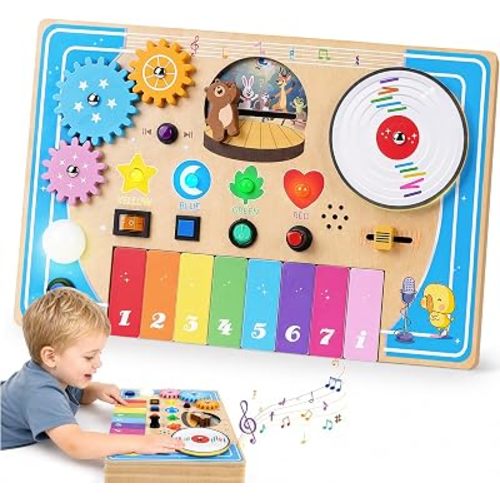 Montessori Busy Board for Toddler, Wooden Baby DJ Table with Piano Keyboard