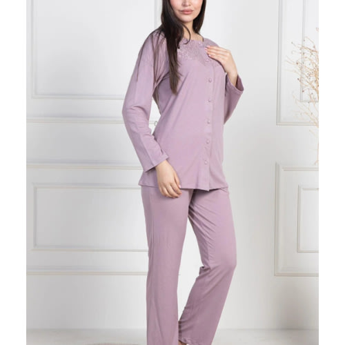 Lace Collar Buttoned Maternity & Nursing Pajamas Dried Rose - 6105