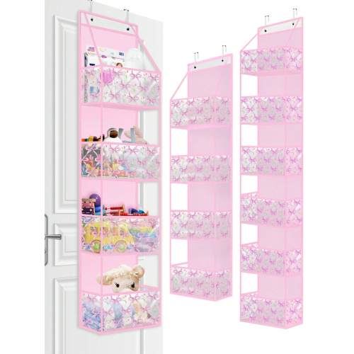 1pc 4/6 Tier Over The Door Organizer With 2 Hooks, Large Capacity Non-Woven Fabric Wall Hanging Storage Bag With Transparent PVC Pockets, Bow & Tulip Pattern, Suitable For Bedroom, Nursery, Closet, Laundry Room, Pantry, Bathroom (Pink)