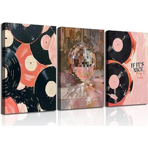 Danseed 3Pcs Vintage Record Music Canvas Wall Art Trendy Disco Ball Wall Decor Picture Preppy Room Aesthetic Posters Prints for Women's Room Girly Bedroom Dorm Living Room Apartment Decorations