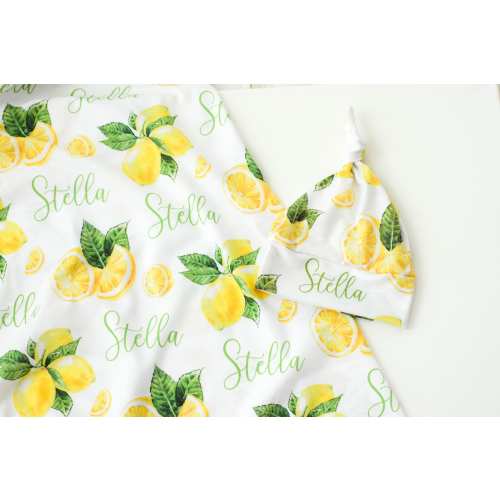 Lemon Yellow Swaddle Blanket Headband Hat Set / Personalized Baby Shower Gift / Hospital Newborn Photos Prop / Lulu Collection
