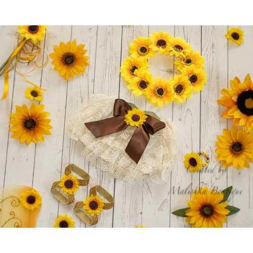 Sunflower Lace Diaper Cover, Fabric Flower Headband, Glitter Gold Barefoot Sandals, Ruffle Baby Bloomers Girl Cake Smash Half Birthday Photo