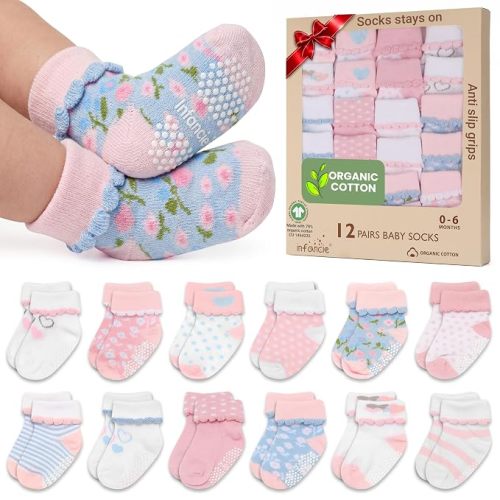 GOTS Organic Cotton Blend 12 Baby Newborn Socks 0-6 M Girl Non Slip Gift | Oeko-Tex Certified, Baby Socks, 12 Pairs, Baby Girl Socks, Baby Girl Socks, Pink, For Baby Girls, 0-6 Months, Baby Socks
