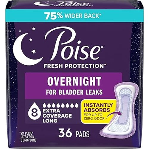 Poise Overnight Incontinence & Postpartum Pads for Bladder Leaks, 8 Drop Extra Coverage, 36 Count