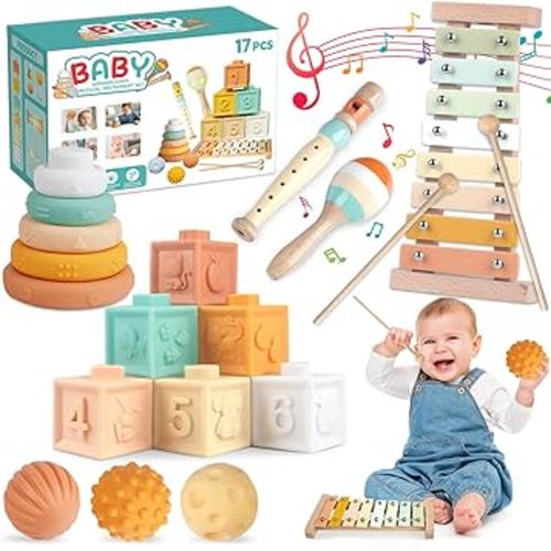 Baby Toys 6-12 Months Montessori Toys 6 in 1 Musical Instruments for Toddler, Stacking Blocks Development Learning Educational Toy with Wooden Xylophone Infant Baby Birthday Gift