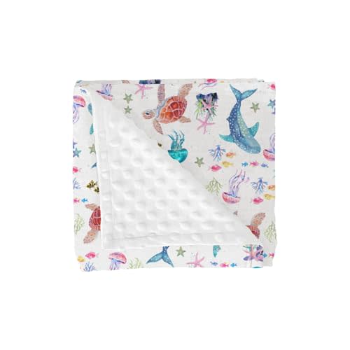 Fantasy Sea Animals Baby Blanket for Girl Boy Turtle Whale Jellyfish Corals Soft Mink Dotted Backing Double Layer Receiving Blanket Nautical Marine Life Bed Throws for Newborn Toddler Nursery 30x40