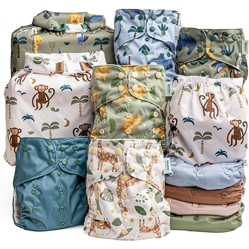 Kinder Cloth Diapers Reusable Baby Diapers Pocket Style Athletic Wicking Jersey, Bamboo Viscose Inserts Wet Bag, Newborn to Potty Training 7-60lbs, One Size (Safari Friends, 10 Pack, with Inserts)