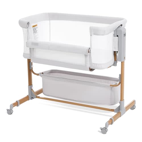 Baby Bassinet Bedside Sleeper, 3-in-1 Rocking Bassinet for Baby with 6-Level Height Adjustable, 4 Wheels & Breathable Mesh Walls, Portable Bedside Bassinet with Mattress for Newborn