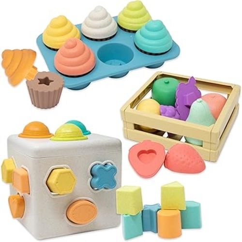 Set of 3 Shape Sorter for Toddlers Montessori Baby Blocks Shape Sorting Cube, Color Matching Fruit & Cupcake Toy, Learning Toys for Kids 18 months + (2025 Model Eco-Friendly Made with Wheat Straw)