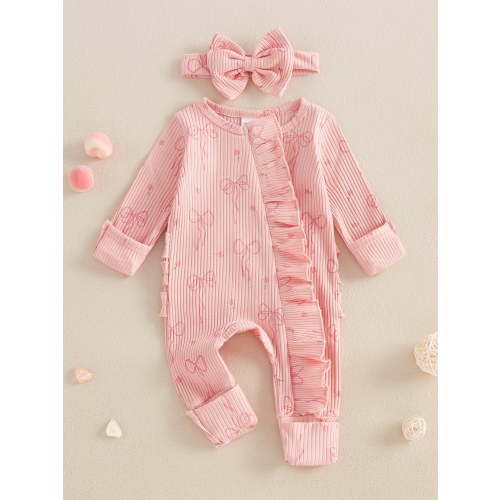 Loicainy Newborn Baby Girl Spring Fall Romper 3 6 Months Bow Print Long Sleeve Full Length Zipper Front Ribbed Jumpsuit Bow Headband 2Pcs Set