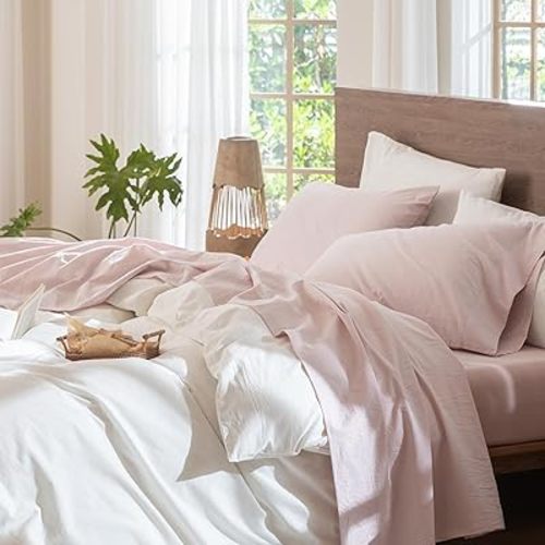 MooMee Bedding Sheet Set 100% Cotton Like Textured Breathable Durable Soft Comfy (Heathered Greyish Pink, Queen)