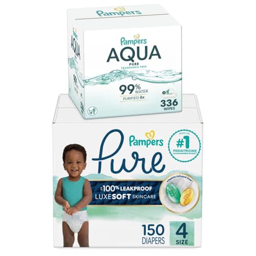 Pampers Pure Protection Disposable Baby Diapers Size 4, One Month Supply (150 Count) with Aqua Pure Baby Wipes, 6X Pop-Top Packs (336 Count)